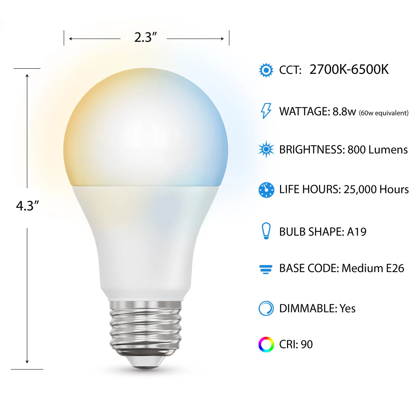 8.8W (60W Replacement) Tunable White E26 Base A19 Smart WiFi LED Light Bulb