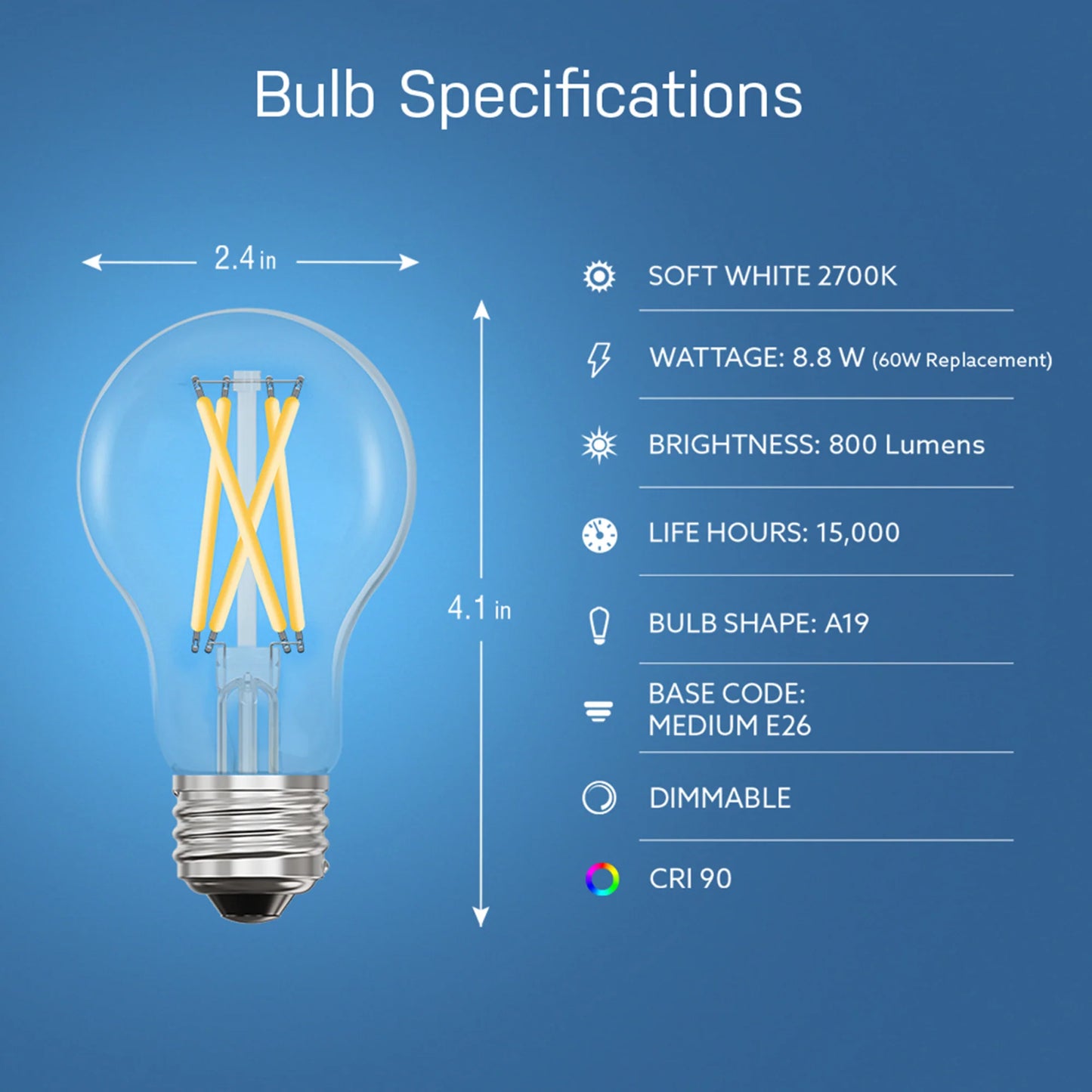 8.8W (60W Replacement) Soft White (2700K) E26 Base Vintage A19 Dimmable Filament Alexa Google Smart Bulb