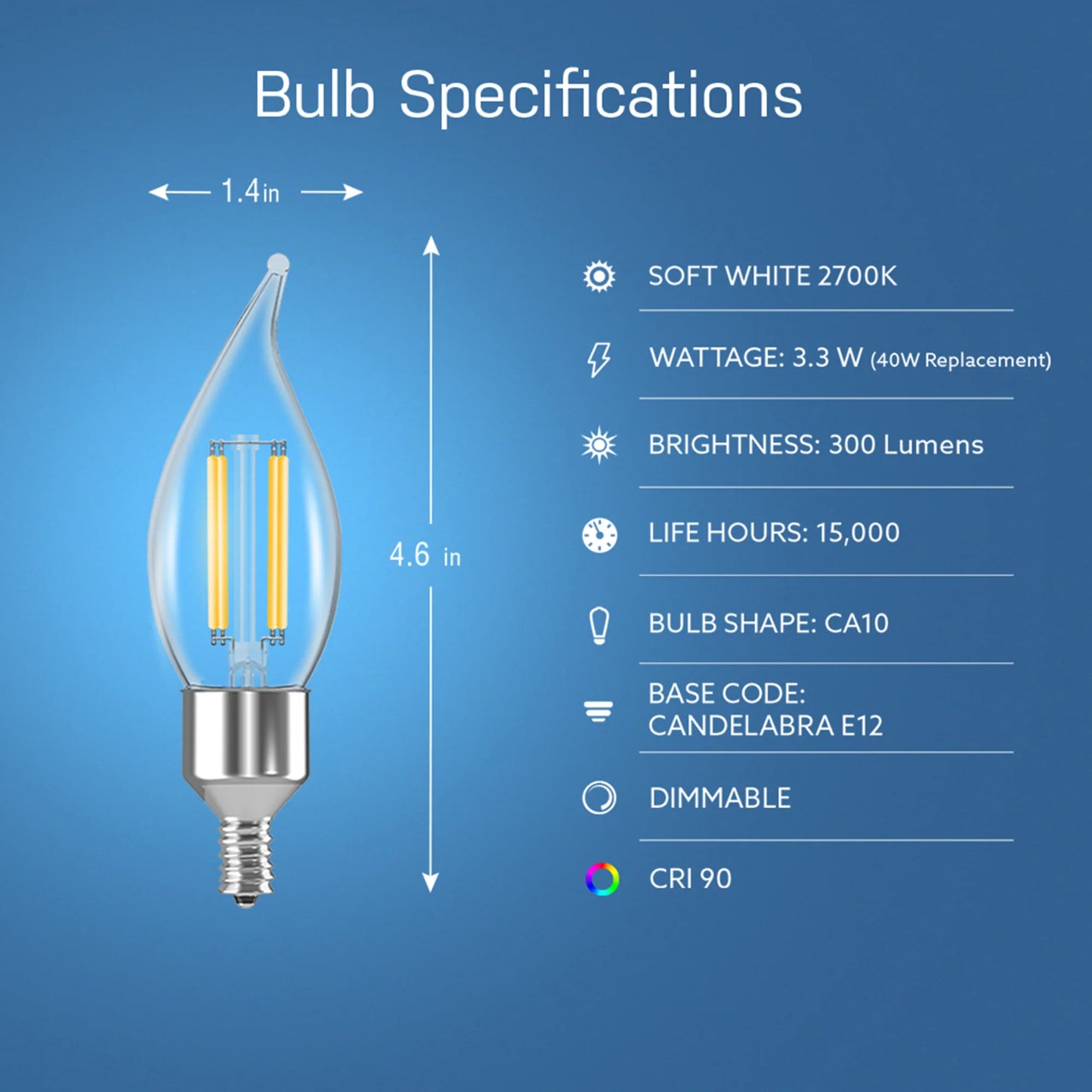 3.3W (40W Replacement) E12 Base CA10 Dimmable Clear Glass Vintage Decorative Smart Wi-Fi LED Light Bulb, Soft White